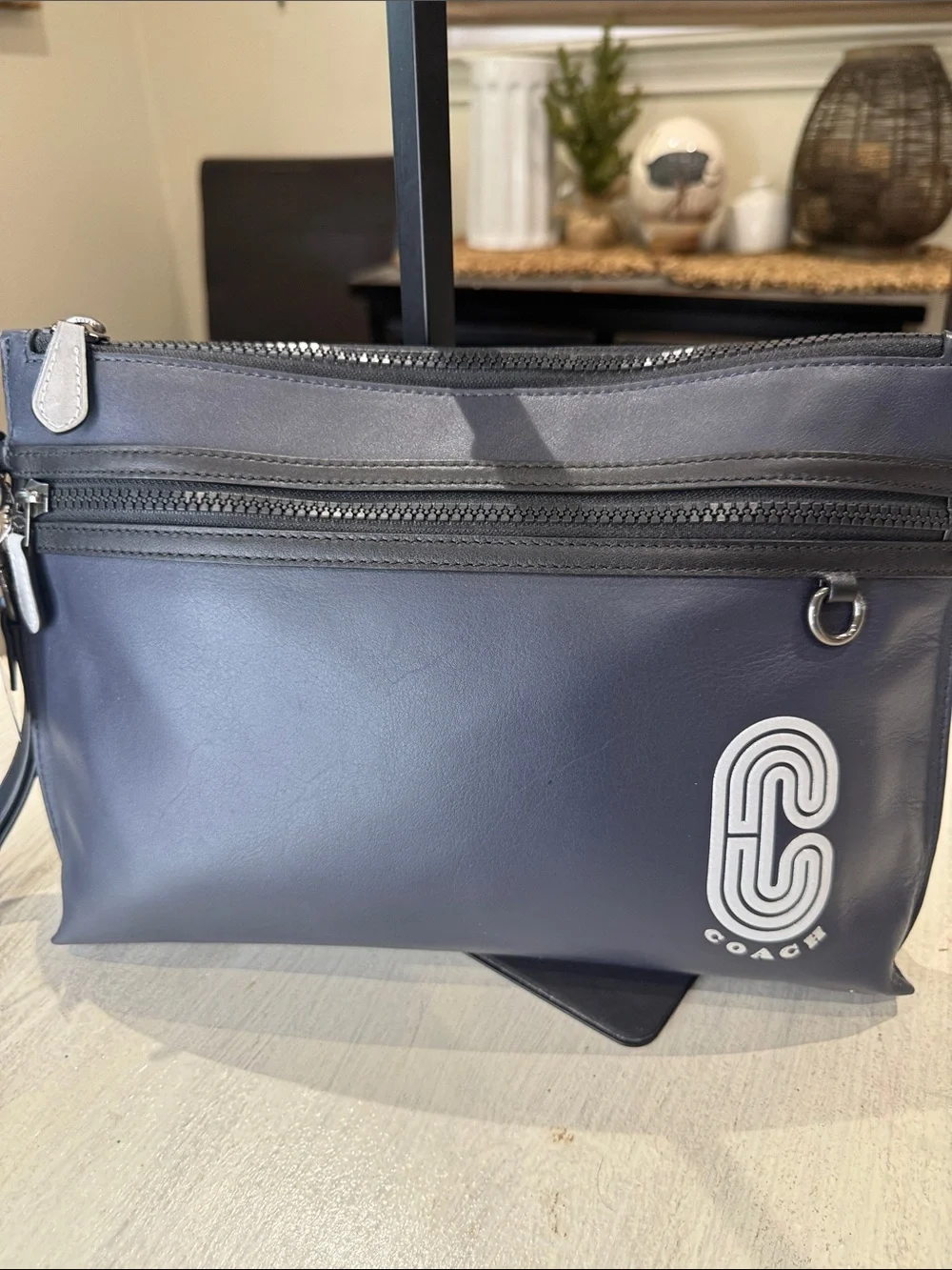 Coach Reflective Navy Leather Carryall Pouch